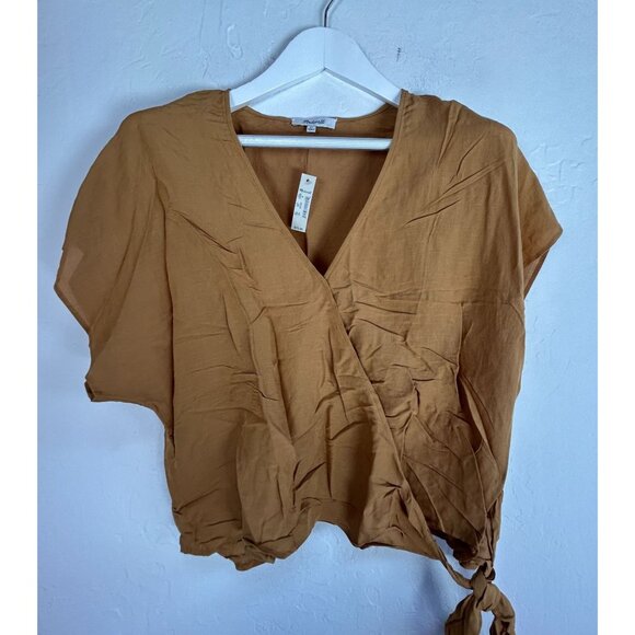 Madewell Linen-Blend Sash-Tie Wrap Top XL Toffee Short Sleeve AN950 New $75 - Picture 1 of 7